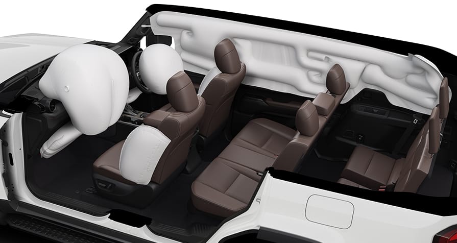 SRS airbags (front seats) + SRS knee airbags (front seats) + SRS side airbags (front seats) + SRS curtain shield airbags (front seats, second seats, third seats