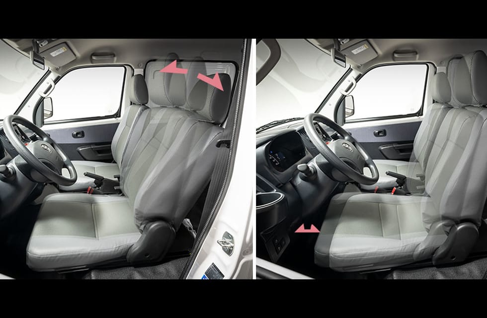 The driver’s seat position can be easily adjusted through a front-rear sliding mechanism to best accommodate the driver’s.